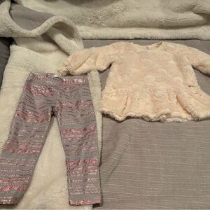 🌸5/$50🌸Tahari Baby Fuzzy Cream Peplum Top & Gray Pink Foil Stripe Leggings Set